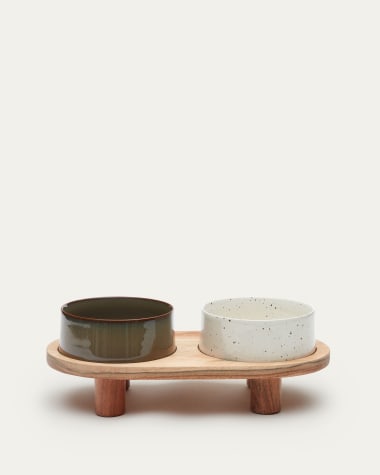 Set aus 2 Futternäpfen mit Gestell für Haustiere Dumbi weiß und braun Ø 14 cm FSC 100%
