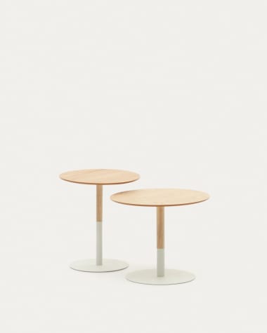 Watse set of 2 side tables in oak wood veneer and matte white metal, Ø 40 cm/Ø 48 cm