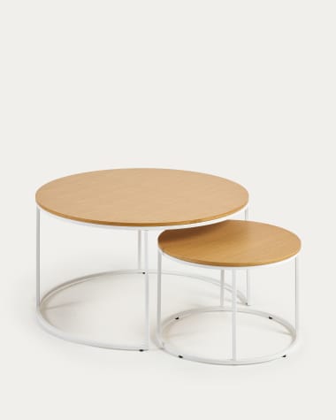 Yoana set of 2 nesting side tables, with oak wood veneer & white metal, Ø 80 cm / Ø 50 cm