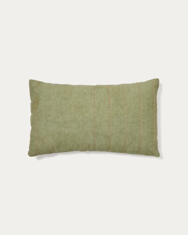 Sayema cushion cover in green linen cotton and natural jute embroidery feature, 30 x 50 cm
