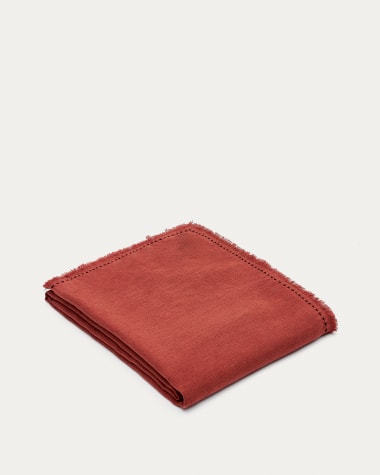 Obrus Montalt ze 100% lnu z terakoty frędzlami i czarnymi kontrastowymi szwami 150 x 250 cm