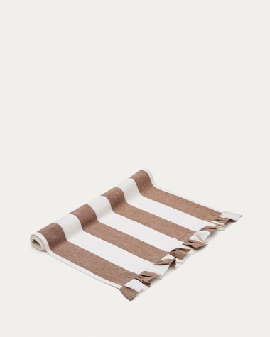 Runner da tavolo Maura in cotone e lino a righe bianche e marroni con volant laterali 50 x 150 cm