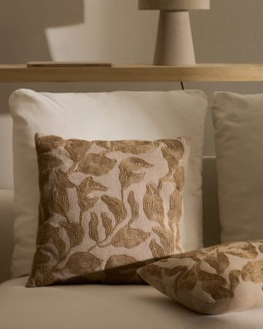 Sorima cushion cover in beige cotton and jute floral embroidery feature, 45 x 45 cm