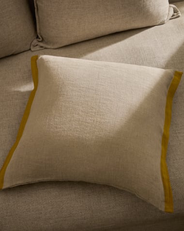 Suerta beige and mustard cushion cover, 100% linen, 45 x 45 cm