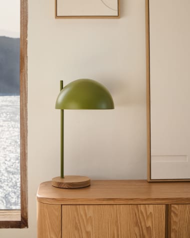 Catlar ash wood and metal table lamp in a green painted finish Australia adaptor