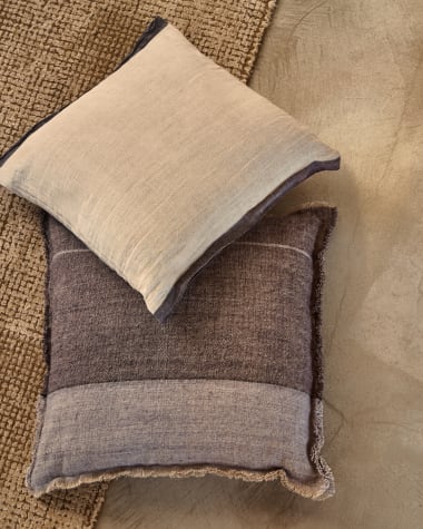 Seloia dark blue cushion cover, 100% linen with stripes and fringes, 50 x 50 cm