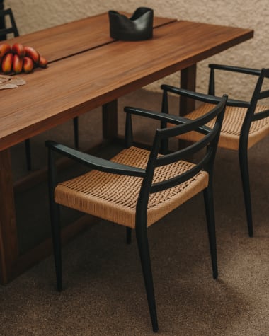 Analy chair with armrests in solid oak wood in a black finish and rope cord seat FSC 100%