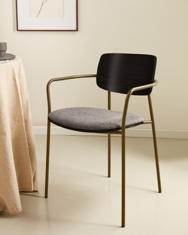 Maureen stackable chair in poplar plywood with dark tone finish and brass-finish metal, 100% FSC