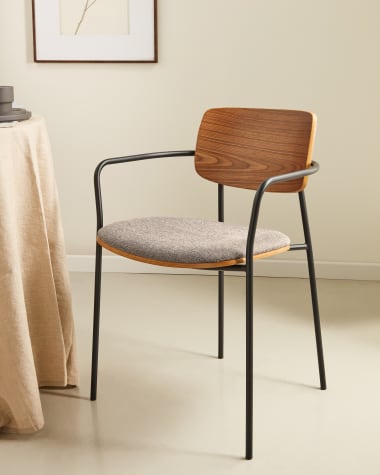 Maureen stacking chair in poplar plywood with warm tone finish and black metal legs, 100% FSC