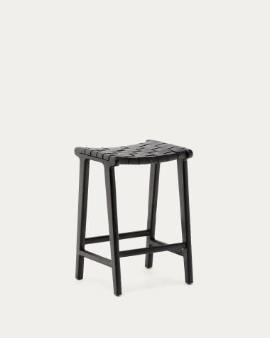 Taburete Calixta in pelle e legno massello di mogano con finitura nera altezza 67 cm