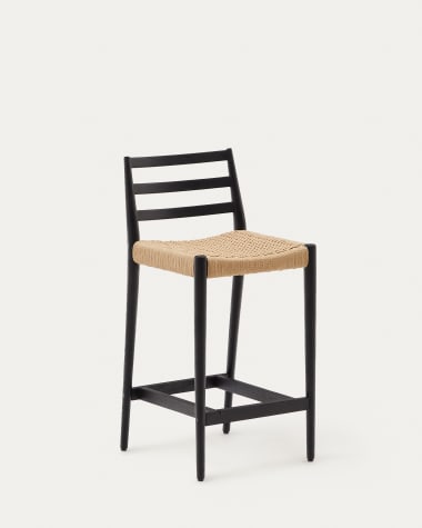 Taburete Analy respaldo madera maciza roble acabado negro y asiento de cuerda 70cm FSC100%