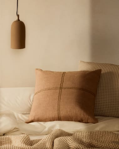 Sulken cushion cover in pink linen and a beige embroidery feature, 45 x 45 cm