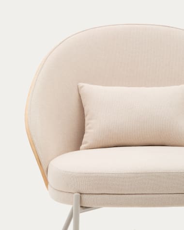 Eamy armchair in beige chenille, in a natural finish ash veneer and beige metal