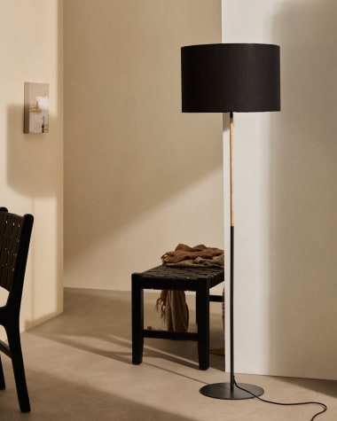 Canar metal and rattan floor lamp made with a black cotton lamp shade