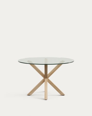 Argo round glass table with steel legs with wood-effect finish Ø 119 cm