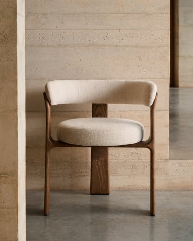 Granite 3-legged chair in beige chenille and with solid ash wood in a walnut finish FSC 100%