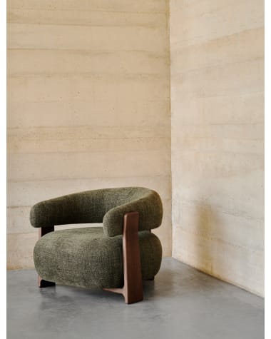 Granite green chenille armchair with solid ash wood legs in a walnut finish FSC 100%