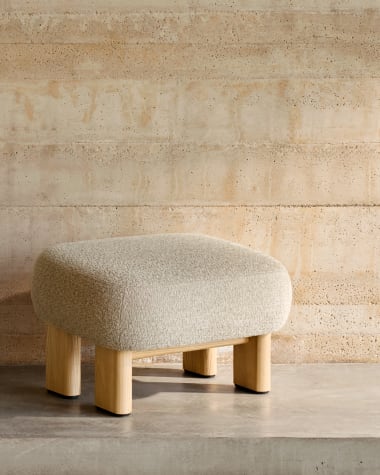 Nema beige chenille footstool with solid ash wood legs natural finish 65x55.4 cm FSC 100%