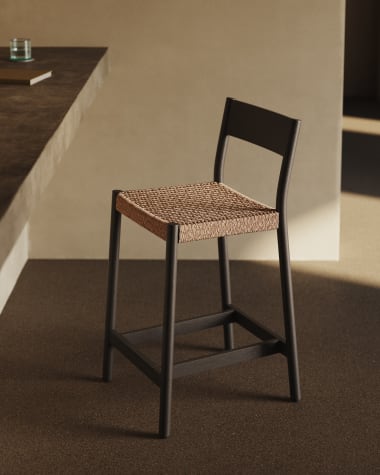 Yalia stool with a backrest in solid oak wood in a black finish, and rope cord seat, 65 cm FSC 100%