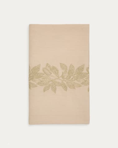Tovaglia Oreti beige in cotone e lino beige ricamato con cacao di lurex dorato 150x250cm