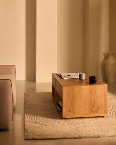 Alguema coffee table 2 drawers in oak veneer with natural finish 140 x 60 cm