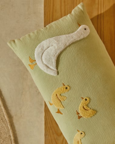 Milu cushion cover in green cotton with a goose embroidery feature, 30 x 50 cm