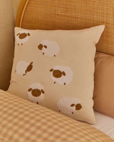 Milu cushion cover in beige cotton with sheep embroidery feature, 45 x 45 cm