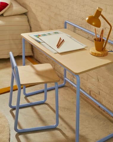 Tinn ash veneer desk with a blue metal structure, 82 x 45 cm