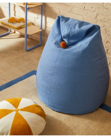 Olvi blue, cotton pouffe with mustard-coloured tassel, Ø 60 cm