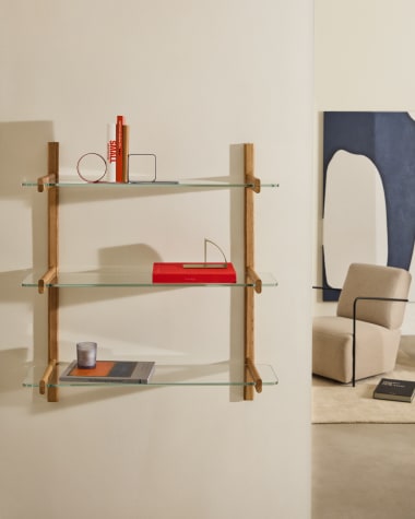 Sitra modular shelf, 3 glass shelves and FSC Mix Credit solid oak wood, 90 cm