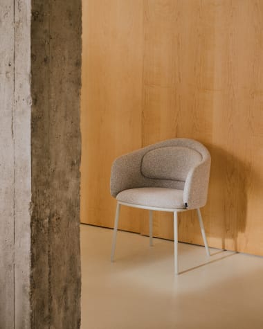 Minda chair in thick beige chenille and steel legs in a beige finish, FSC Mix Credit