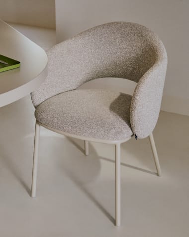 Maina chair in thick beige chenille and steel legs in a beige finish, FSC Mix Credit