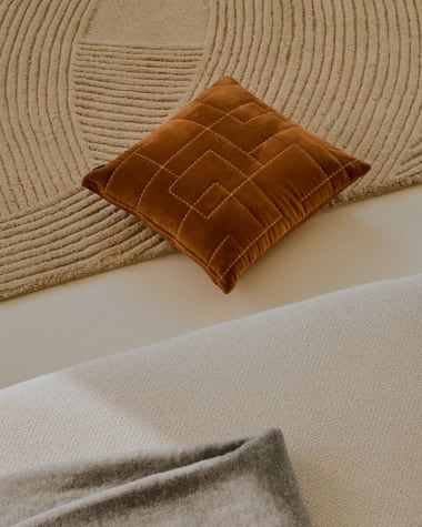 Prila terracotta-coloured velvet cotton cushion cover with embroidery feature, 45 x 45 cm