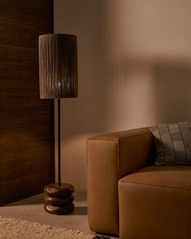 Kor table floor lamp made of jute and acacia wood in a dark finish