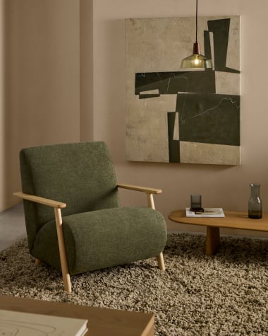 Meghan armchair in green chenille and with solid beech wood in a natural finish