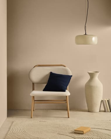 Helda armchair in beige chenille and FSC Mix Credit solid oak wood