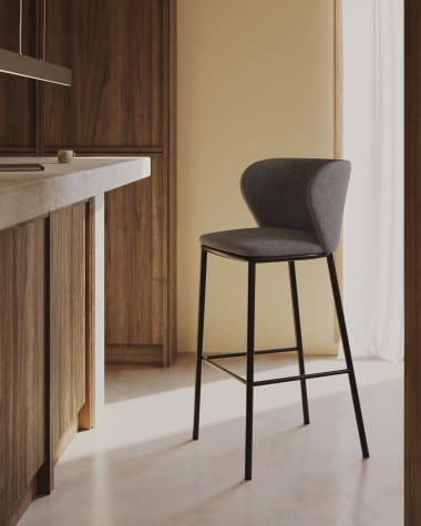 Ciselia stool in dark grey chenille and black steel, 75 cm FSC Mix Credit