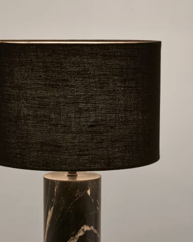Vex table lamp in black marble with a black linen shade UK adapter