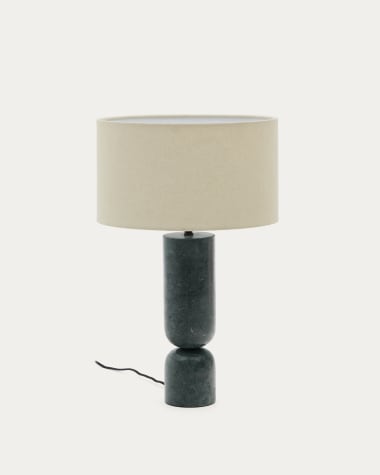 Vex table lamp in green marble with a grey linen shade UK adapter