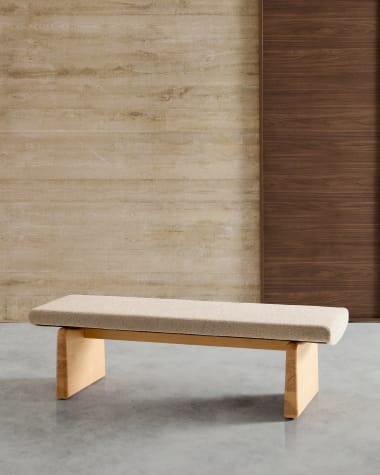 Topaz bench in beige chenille and FSC 100% solid ash wood in a natural finish, 150 cm