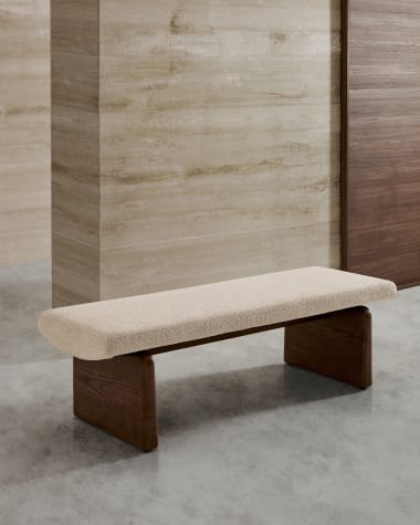 Topaz bench in beige chenille and FSC 100% solid ash wood in a walnut finish, 150 cm