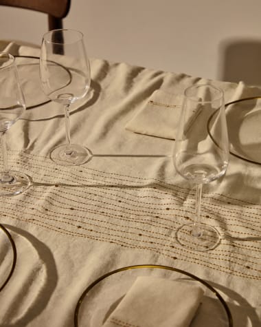 Flia white linen and cotton tablecloth gold-coloured lurex embroidered detail, 150 x 250 cm