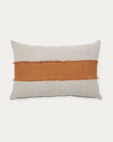 Daf 100% linen cushion cover in beige and terracotta with fringes, 40 x 60 cm