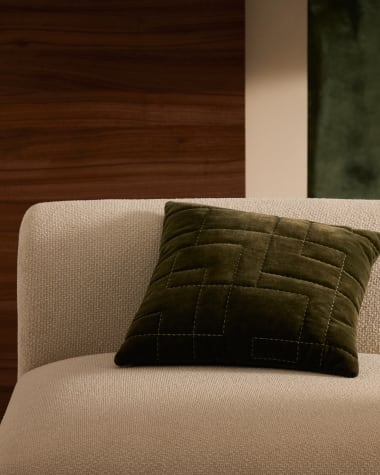 Prila green velvet cotton cushion cover with geometric embroidery feature, 45 x 45 cm