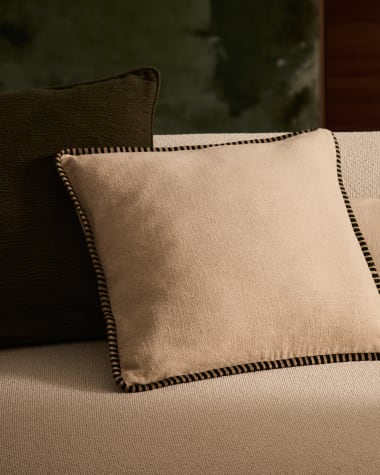 Ardit beige linen and cotton cushion cover contrasting green embroidered stripe, 45 x 45 cm