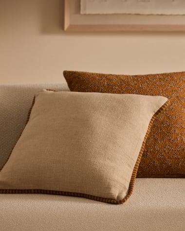 Ardit beige linen and cotton cushion cover mustard-coloured embroidered stripe 45 x 45 cm