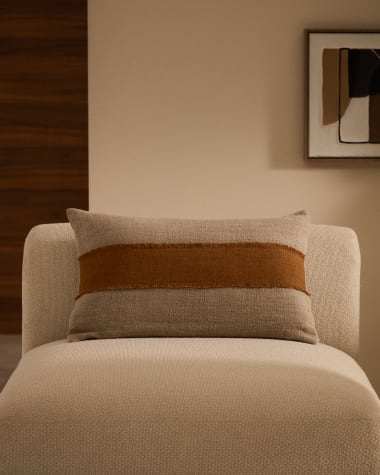 Daf 100% linen cushion cover in beige and terracotta with fringes, 40 x 60 cm