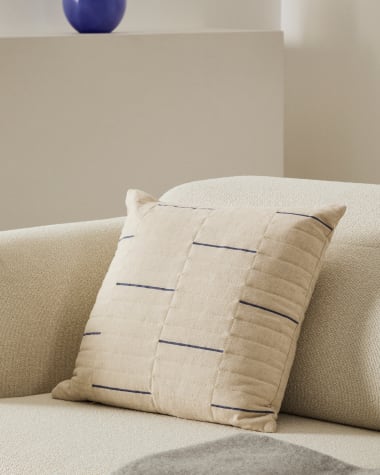 Blaina cushion cover in white linen with a blue embroidery feature, 45 x 45 cm