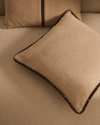 Ardit beige linen and cotton cushion cover contrasting black embroidered stripe 45 x 45 cm