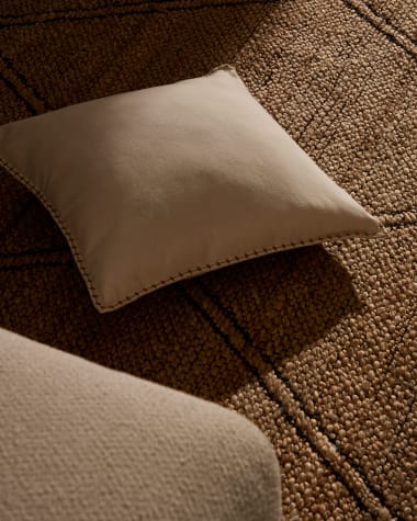 Rakira beige cotton cushion cover with mustard-coloured embroidery feature, 45 x 45 cm